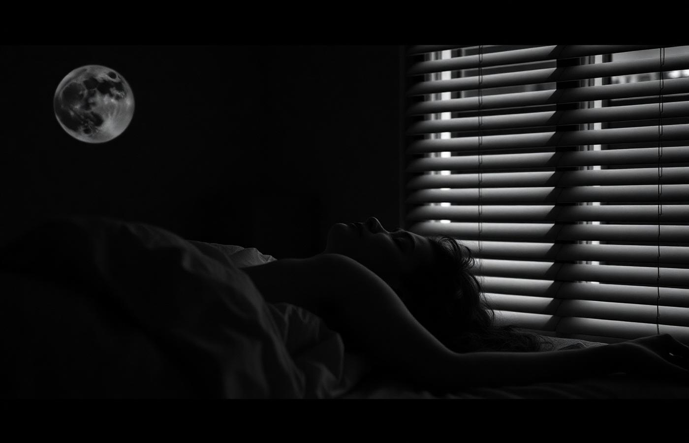 A woman lying awake in bed lit by moonlight through window blinds.