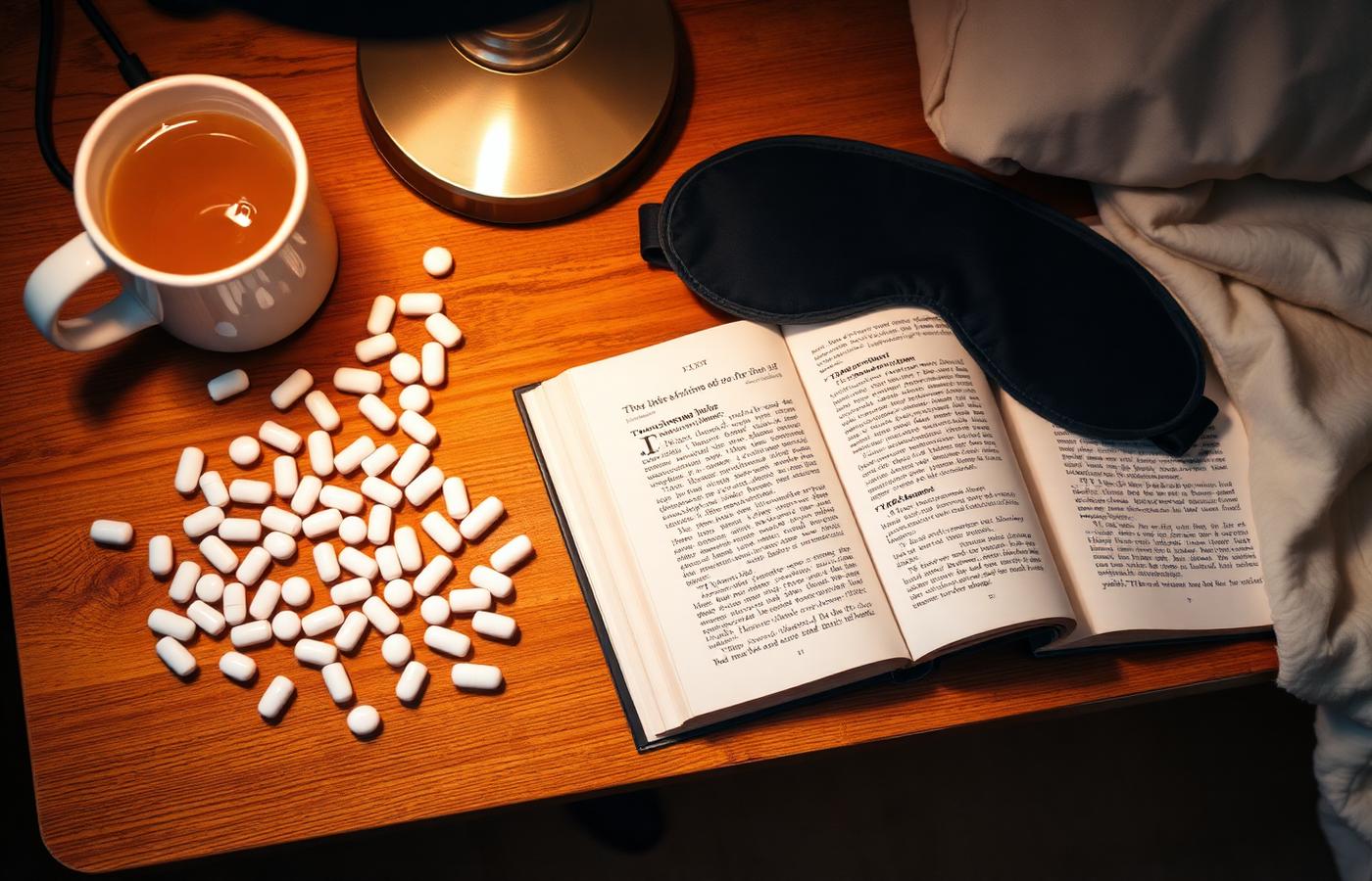 Sleep pills, chamomile tea and an eye mask scattered on a nightstand.